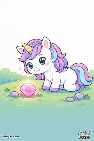 Kawaii unicorn looking at a gem