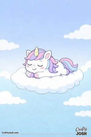 Kawaii unicorn lying on it's belly on a fluffy cloud