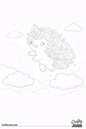 Kawaii unicorn hopping from one cloud to another