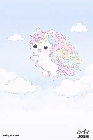Kawaii unicorn hopping from one cloud to another