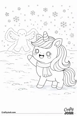 Kawaii unicorn near falling snowflakes with a snow angel in the background