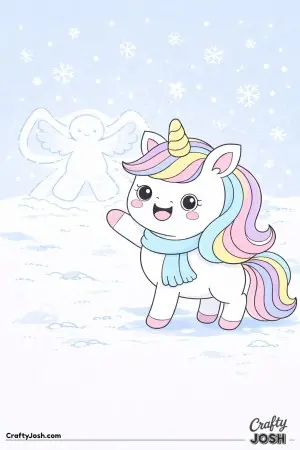 Kawaii unicorn near falling snowflakes with a snow angel in the background