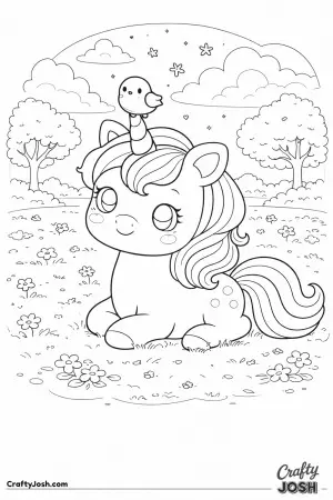Cute kawaii unicorn sitting on the grass.
