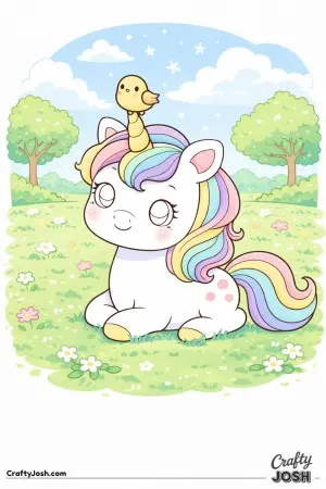 Cute kawaii unicorn sitting on the grass.