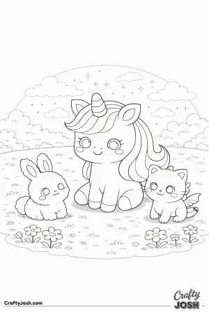 Cute kawaii unicorn with two friends.