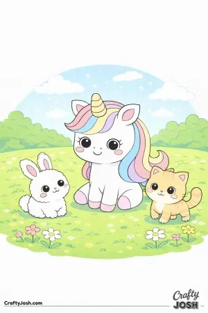 Cute kawaii unicorn with two friends.