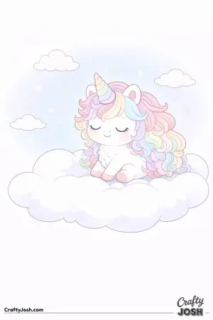 Kawaii unicorn on a large fluffy cloud