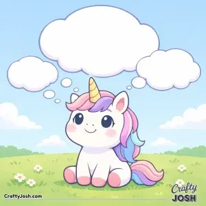 Kawaii unicorn looking upwards and smiling
