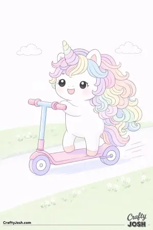 Cute Kawaii unicorn on a scooter