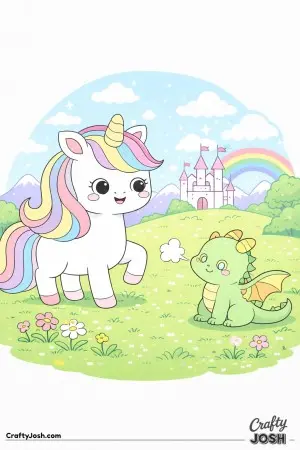 Cute kawaii unicorn with cute baby dragon.