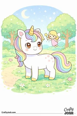 Cute kawaii unicorn with tiny fairy.
