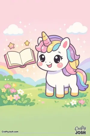Kawaii unicorn with a floating book