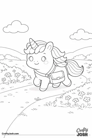 Cute Kawaii unicorn walking along a winding path