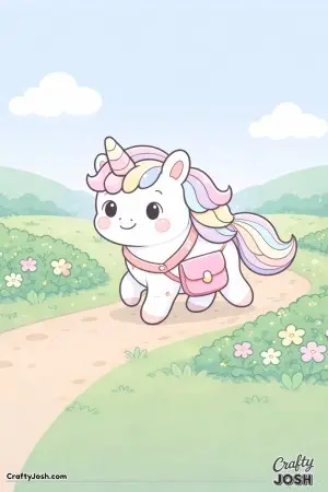 Cute Kawaii unicorn walking along a winding path