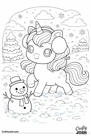 Cute kwaii unicorn wearing earmuffs in winter with a snowman