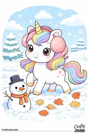 Cute kwaii unicorn wearing earmuffs in winter with a snowman