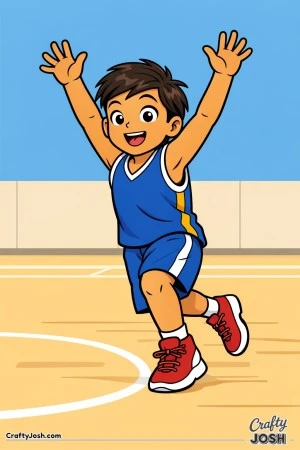 A young basketball player celebrates after a successful block with both arms raised high while landing on the gym court