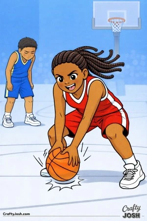 A young basketball player slams the ball into the floor in celebration after scoring, while an opponent reacts in frustration behind her on the court