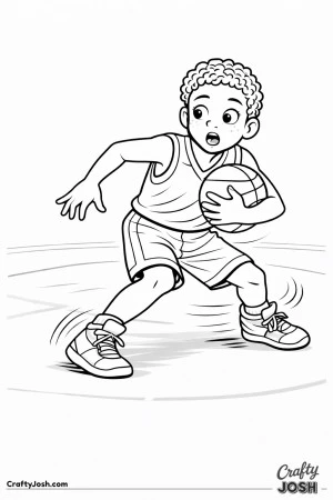 A young basketball player pushes off hard during a sudden change-of-direction move while holding the ball tightly to his side