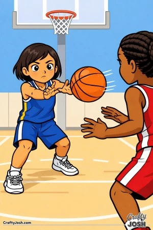 A young basketball player fires a sharp chest pass to a teammate cutting toward the basket on an indoor court
