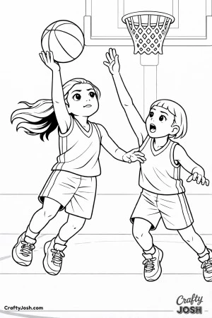 A young basketball player releases a soft floater toward the hoop while a defender jumps beside her with an outstretched arm