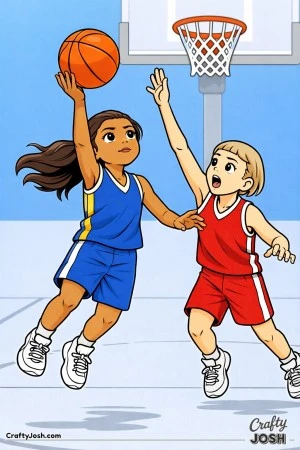A young basketball player releases a soft floater toward the hoop while a defender jumps beside her with an outstretched arm