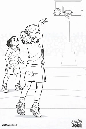 A young basketball player holds her follow-through after a long shot while another player watches the ball travel toward the hoop on a quiet gym court