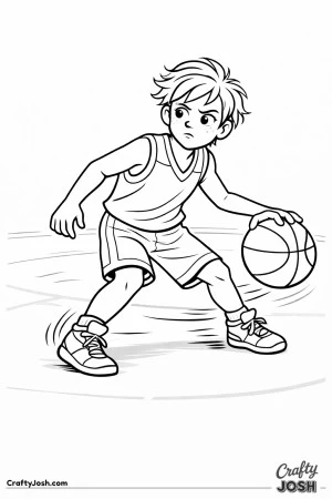 A young basketball player pauses in a sharp hesitation dribble, staying low and focused before making his next move on the court