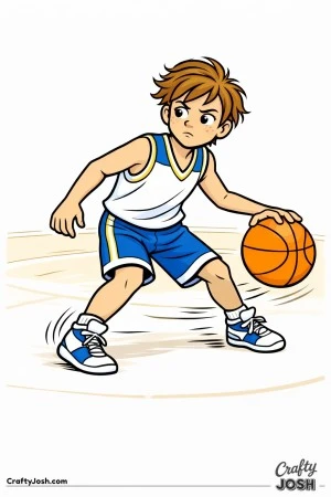 A young basketball player pauses in a sharp hesitation dribble, staying low and focused before making his next move on the court