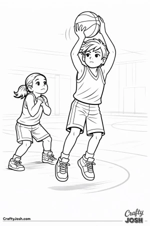 A young basketball player rises into a smooth jump shot while a teammate stands nearby setting a solid screen