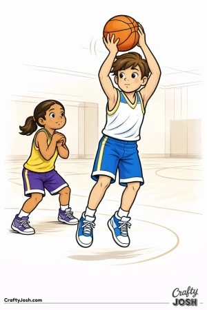 A young basketball player rises into a smooth jump shot while a teammate stands nearby setting a solid screen