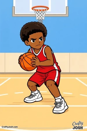 A young basketball player uses a strong post move with his back to the basket while protecting the ball near the hoop