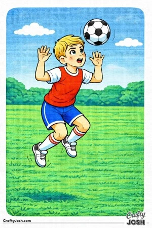 This coloring page shows a youth soccer player jumping into the air to head the ball