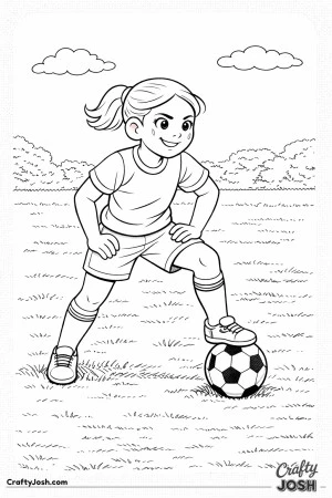This coloring page shows a confident youth soccer player standing in a ready stance with one foot resting on the ball