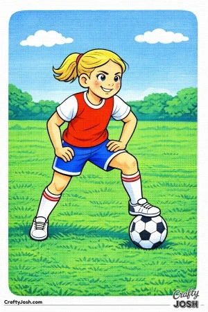 This coloring page shows a confident youth soccer player standing in a ready stance with one foot resting on the ball