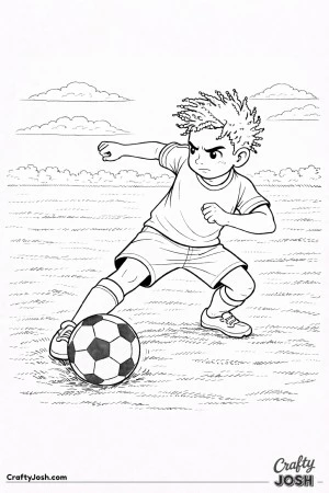 A youth soccer player sharply changes direction while guiding the ball with quick footwork and a determined expression on a simple field
