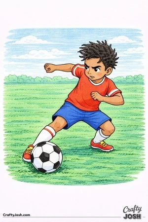 A youth soccer player sharply changes direction while guiding the ball with quick footwork and a determined expression on a simple field