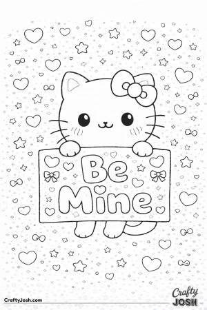 This sweet Valentine’s Day coloring page features Hello Kitty holding a “Be Mine” sign surrounded by hearts, stars, and bows.