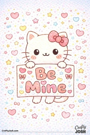 This sweet Valentine’s Day coloring page features Hello Kitty holding a “Be Mine” sign surrounded by hearts, stars, and bows.