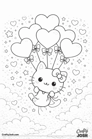 This Valentine’s Day coloring page features Hello Kitty floating gently with heart-shaped balloons.