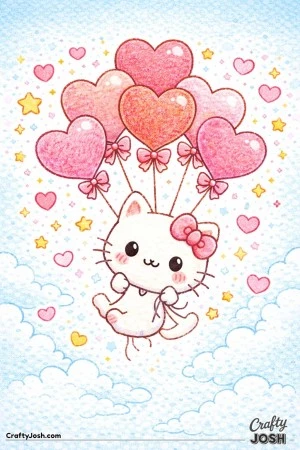 This Valentine’s Day coloring page features Hello Kitty floating gently with heart-shaped balloons.