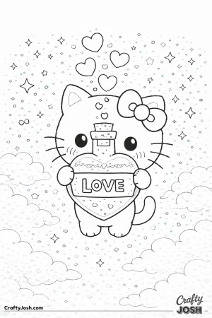 This Valentine’s Day coloring page features a cute kitten holding a heart-shaped love potion bottle labeled “LOVE,” with magical hearts ..