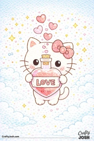 This Valentine’s Day coloring page features a cute kitten holding a heart-shaped love potion bottle labeled “LOVE,” with magical hearts ..
