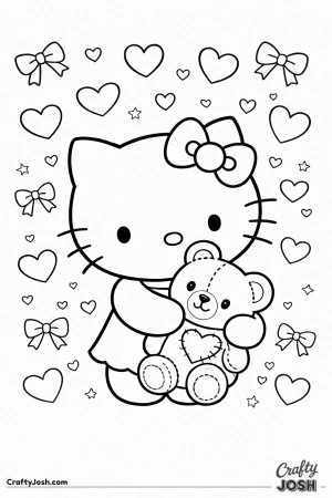 This adorable Valentine’s Day coloring page features Hello Kitty hugging a plush teddy bear with a stitched heart.