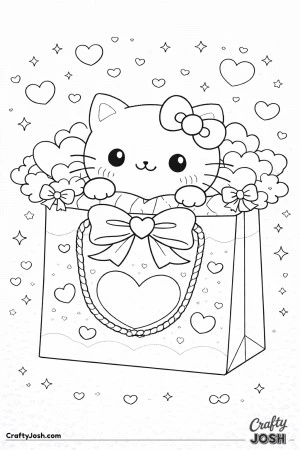 This Valentine’s Day coloring page features Hello Kitty peeking out of a heart-filled gift bag surrounded by floating hearts and sparkles.
