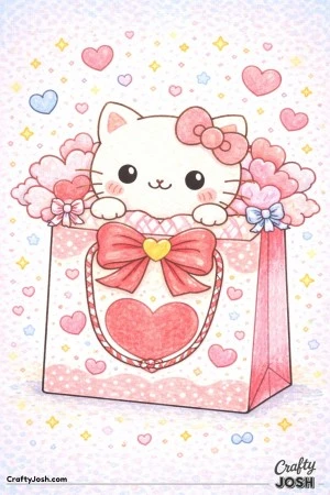 This Valentine’s Day coloring page features Hello Kitty peeking out of a heart-filled gift bag surrounded by floating hearts and sparkles.