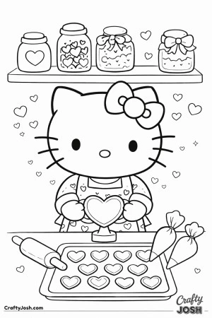 This Valentine’s Day coloring page features Hello Kitty baking heart-shaped cookies in a cozy kitchen scene.