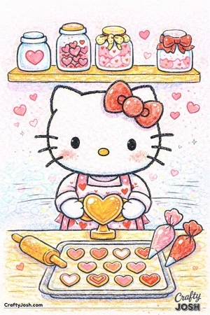 This Valentine’s Day coloring page features Hello Kitty baking heart-shaped cookies in a cozy kitchen scene.