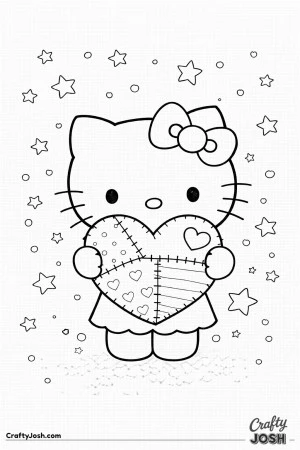 This Valentine’s Day coloring page features Hello Kitty holding a large patchwork heart made of stitched sections and simple patterns.
