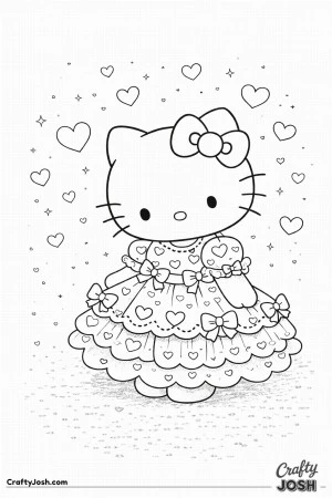 This sweet Valentine’s Day coloring page features Hello Kitty wearing a frilly, heart-covered dress with bows and layered ruffles, surrounded by ..